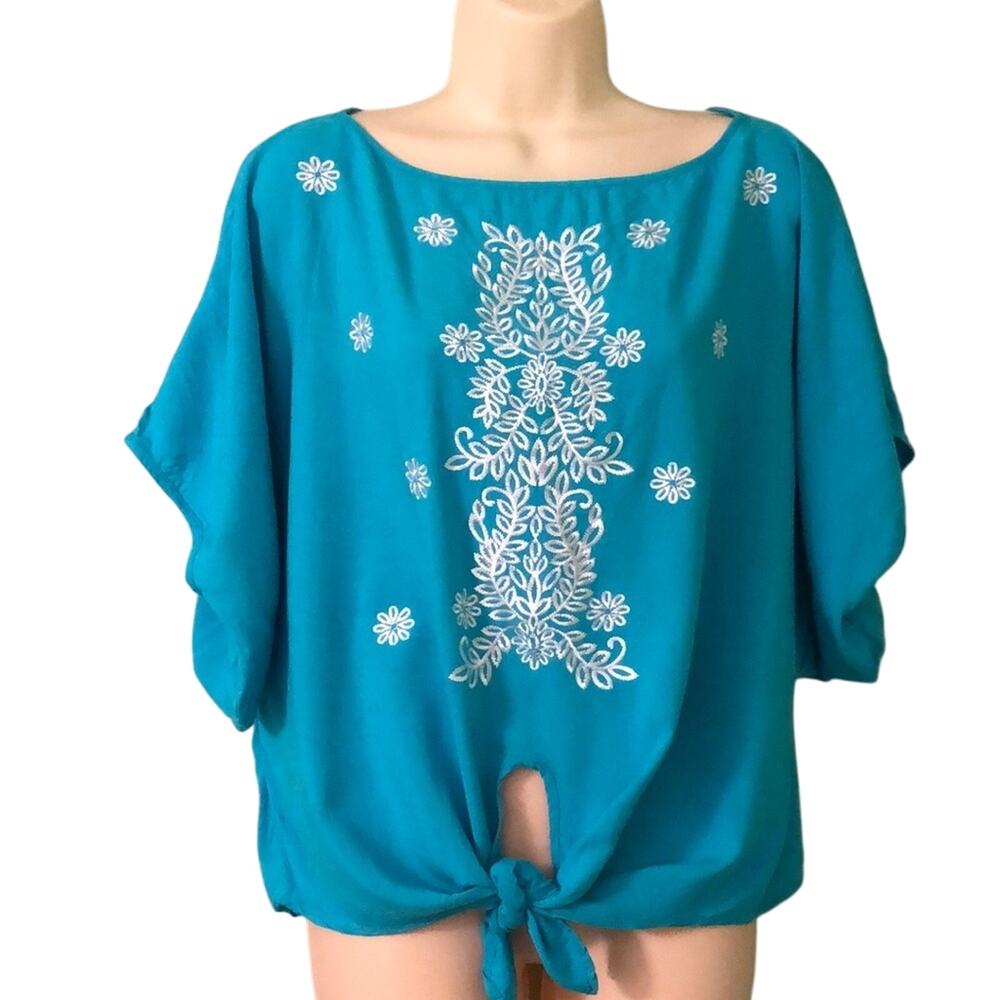 Karen Kane Turquoise Boho Blouse Woman Size Medium Embroidered Front Tie